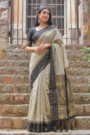 Cream Woven Cotton Saree (ACA9570)