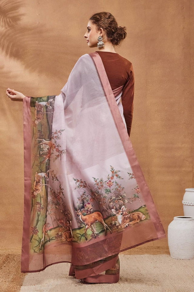 Peach Animal Printed Silk Blend Ready to Wear Saree (ACA9576)