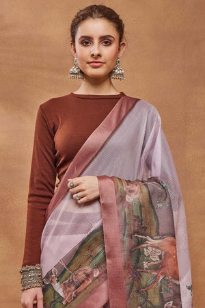 Peach Animal Printed Silk Blend Ready to Wear Saree (ACA9576)