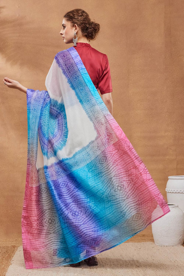 Blue Printed Silk Blend Ready to Wear Saree (ACA9579)