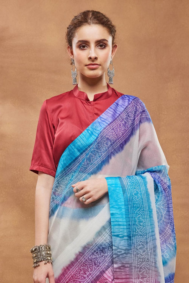 Blue Printed Silk Blend Ready to Wear Saree (ACA9579)