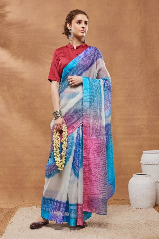 Blue Printed Silk Blend Ready to Wear Saree (ACA9579)