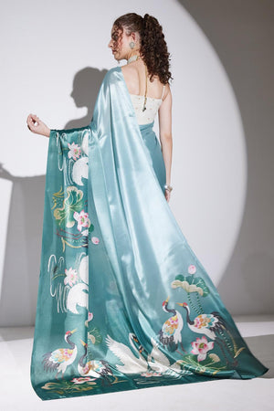 Green Printed Silk Blend Ready to Wear Saree (ACA9581)
