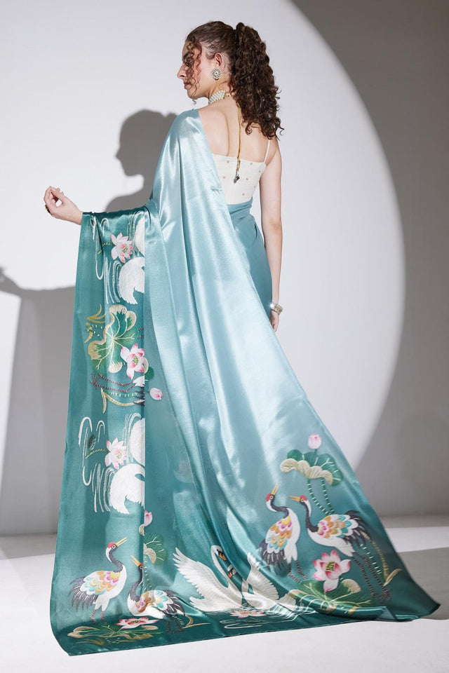 Green Printed Silk Blend Ready to Wear Saree (ACA9581)