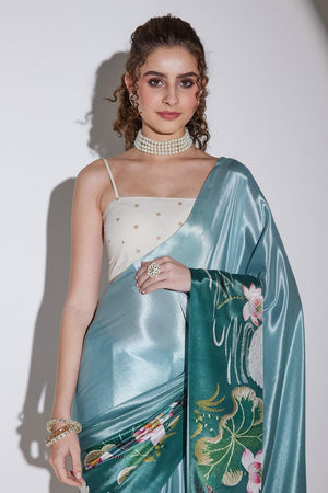 Green Printed Silk Blend Ready to Wear Saree (ACA9581)