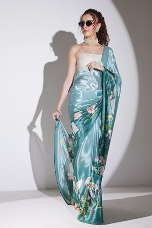 Green Printed Silk Blend Ready to Wear Saree (ACA9581)