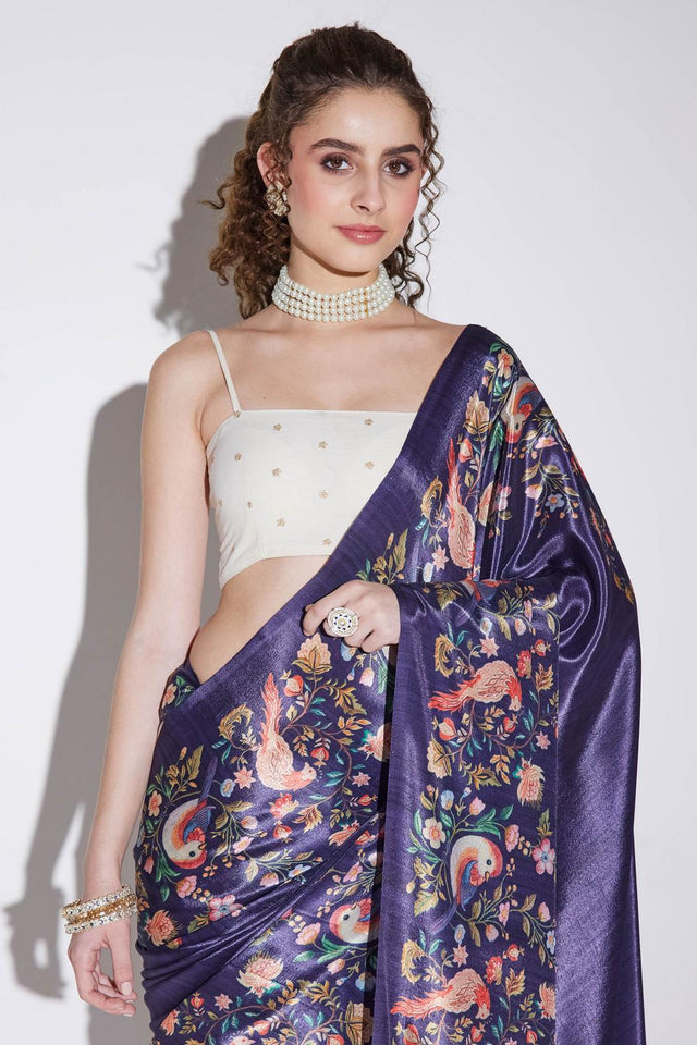 Purple Printed Silk Blend Ready to Wear Saree (ACA9582)