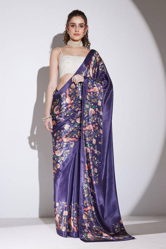 Purple Printed Silk Blend Ready to Wear Saree (ACA9582)