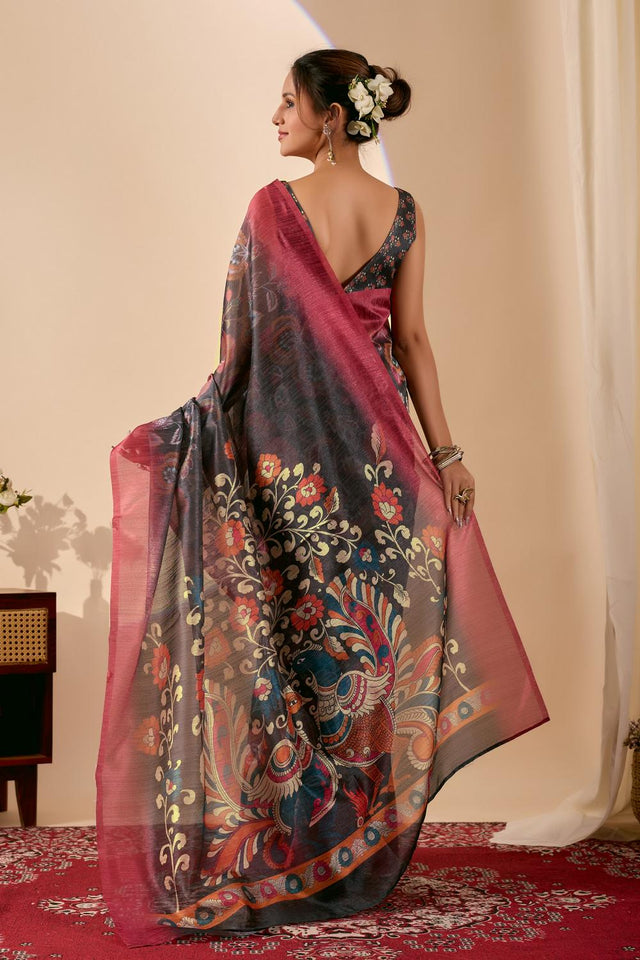 Olive Green Printed Silk Blend Ready to Wear Saree (ACA9583)