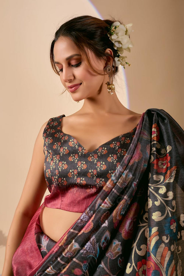 Olive Green Printed Silk Blend Ready to Wear Saree (ACA9583)