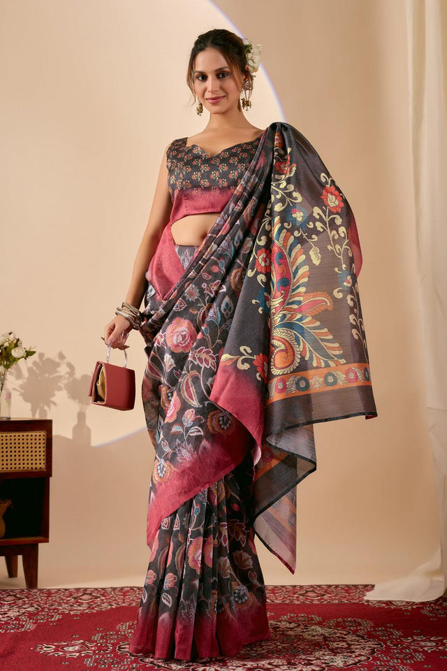 Olive Green Printed Silk Blend Ready to Wear Saree (ACA9583)