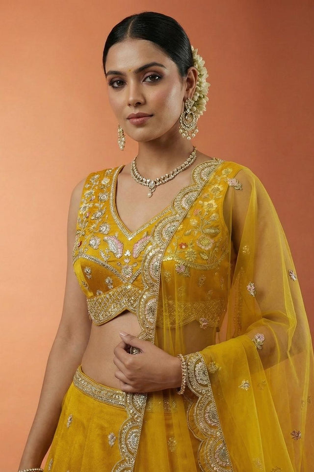 Mustard Floral Embroidered Chinon Lehenga (ACA9584)