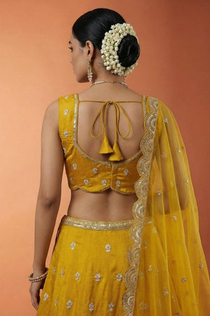 Mustard Floral Embroidered Chinon Lehenga (ACA9584)
