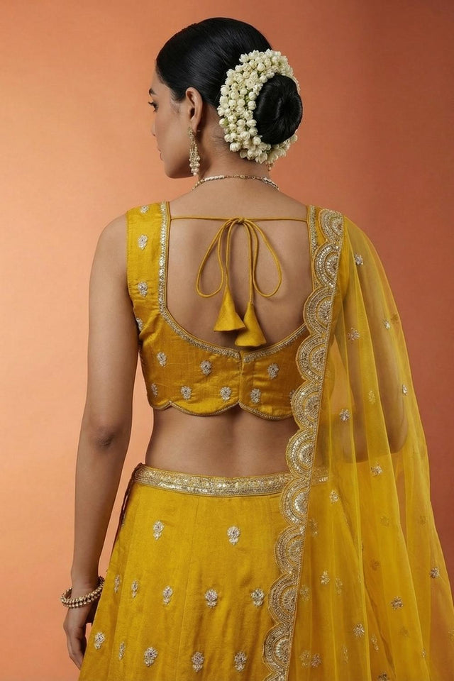Mustard Floral Embroidered Chinon Lehenga (ACA9584)