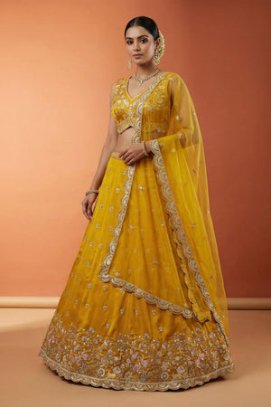 Mustard Floral Embroidered Chinon Lehenga (ACA9584)