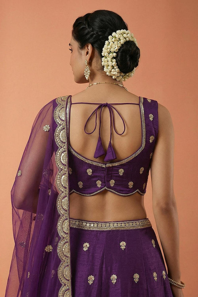 Purple Floral Embroidered Chinon Lehenga (ACA9585)