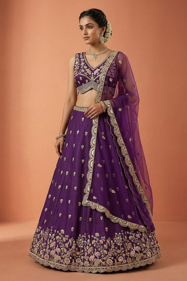 Purple Floral Embroidered Chinon Lehenga (ACA9585)
