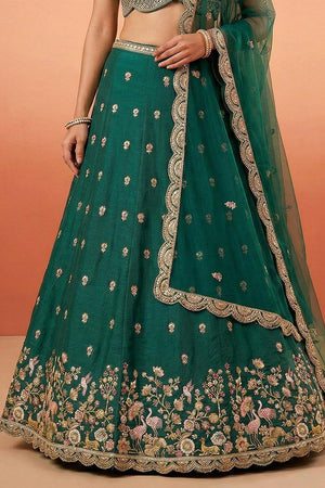 Turquoise Floral Embroidered Chinon Lehenga (ACA9586)