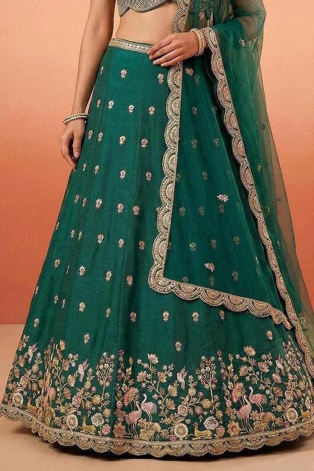 Turquoise Floral Embroidered Chinon Lehenga (ACA9586)