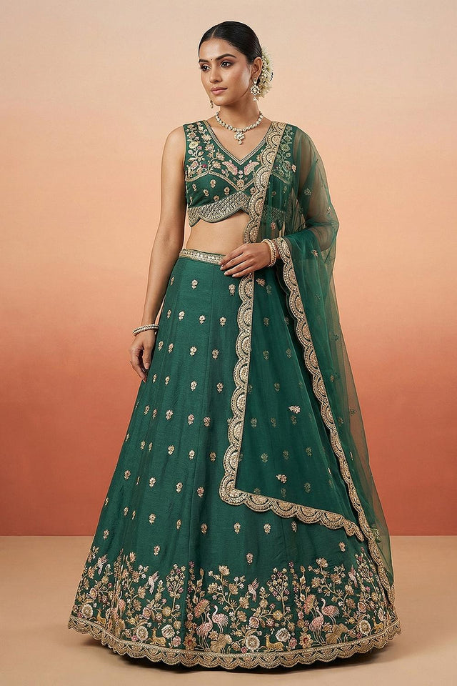 Turquoise Floral Embroidered Chinon Lehenga (ACA9586)