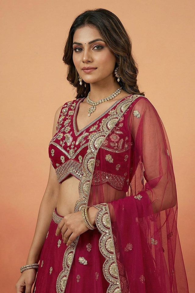 Pink Floral Embroidered Chinon Lehenga (ACA9587)