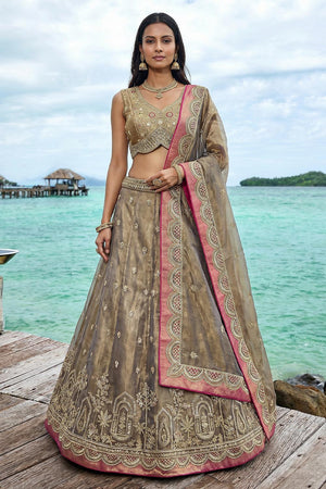 Brown Floral Embroidered Tissue Lehenga (ACA9588)