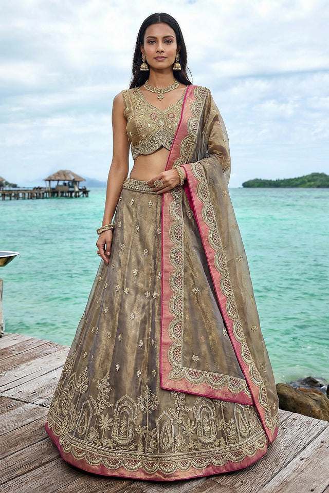 Brown Floral Embroidered Tissue Lehenga (ACA9588)