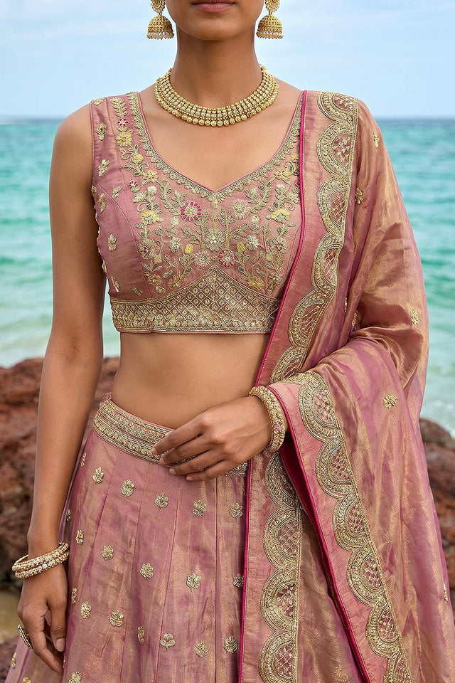 Pink Floral Embroidered Tissue Lehenga (ACA9589)