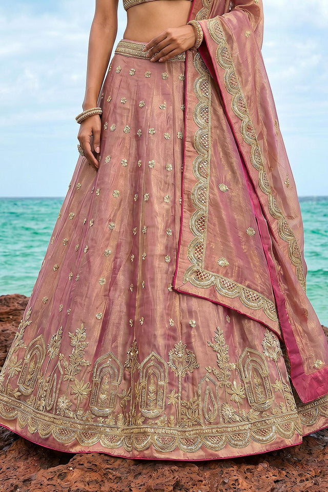 Pink Floral Embroidered Tissue Lehenga (ACA9589)