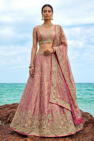 Pink Floral Embroidered Tissue Lehenga (ACA9589)