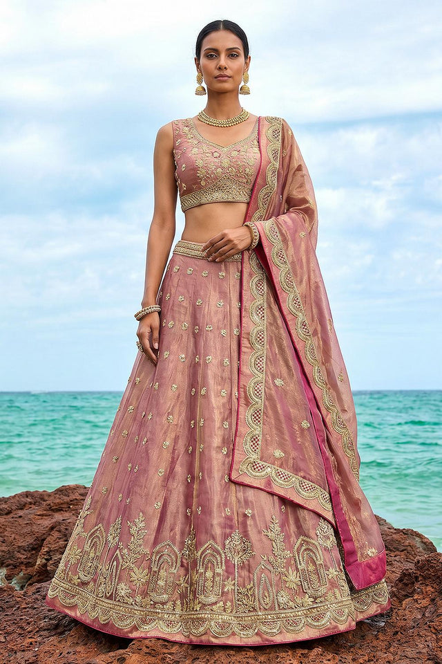 Pink Floral Embroidered Tissue Lehenga (ACA9589)