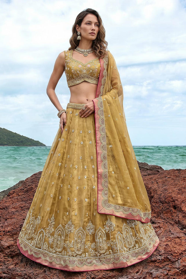 Mustard Floral Embroidered Tissue Lehenga (ACA9590)