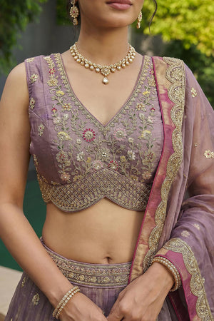Mauve Floral Embroidered Tissue Lehenga (ACA9591)