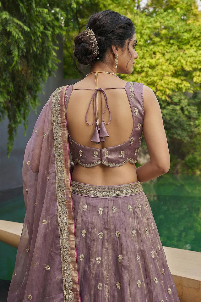 Mauve Floral Embroidered Tissue Lehenga (ACA9591)