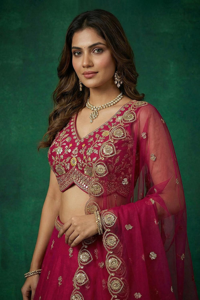 Pink Floral Embroidered Chinon Lehenga (ACA9592)