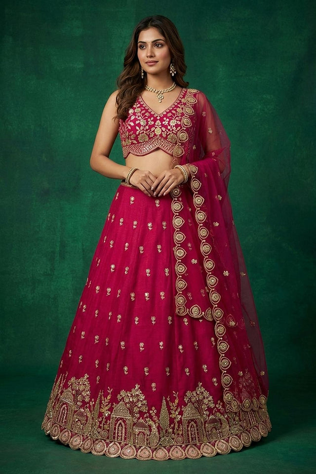 Pink Floral Embroidered Chinon Lehenga (ACA9592)