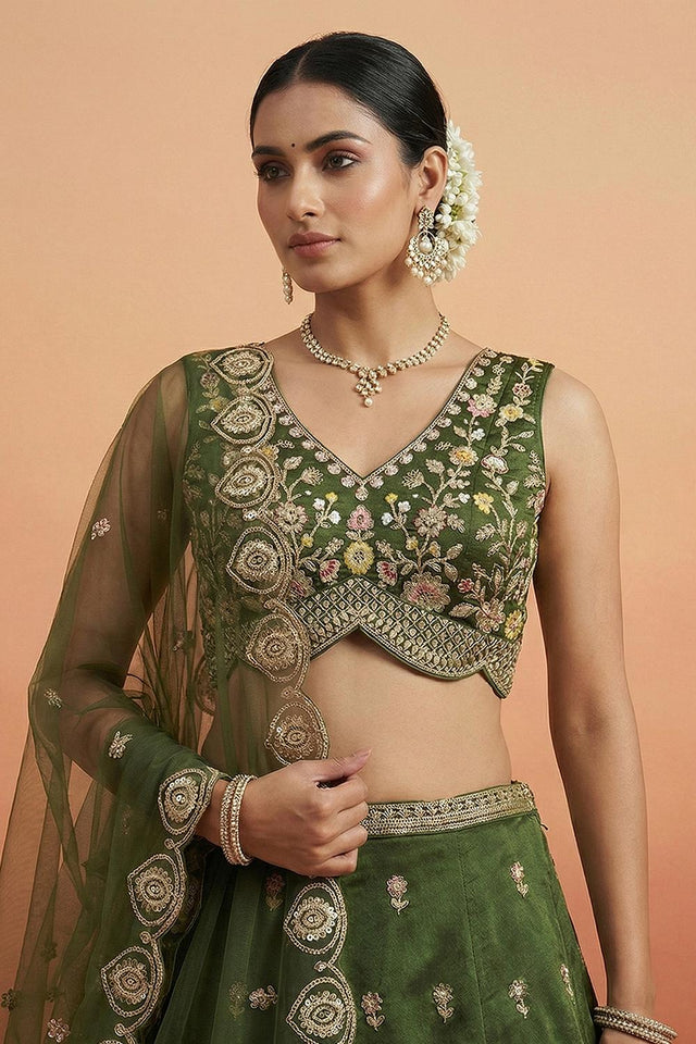 Olive Green Floral Embroidered Chinon Lehenga (ACA9593)