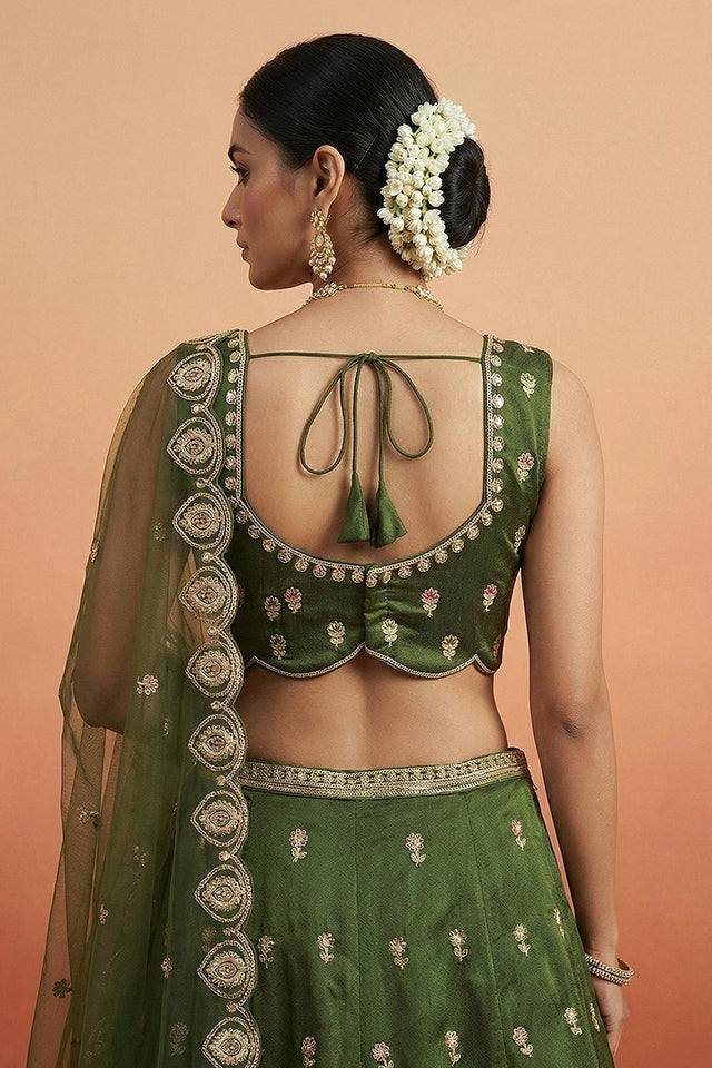 Olive Green Floral Embroidered Chinon Lehenga (ACA9593)