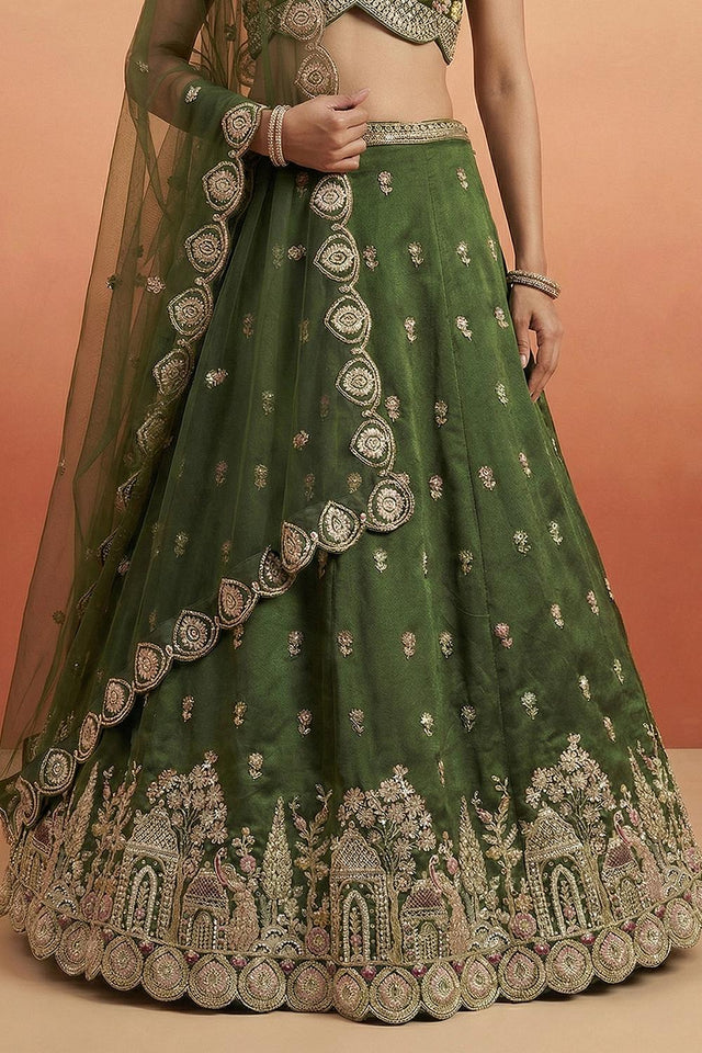 Olive Green Floral Embroidered Chinon Lehenga (ACA9593)