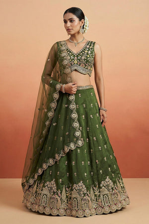 Olive Green Floral Embroidered Chinon Lehenga (ACA9593)