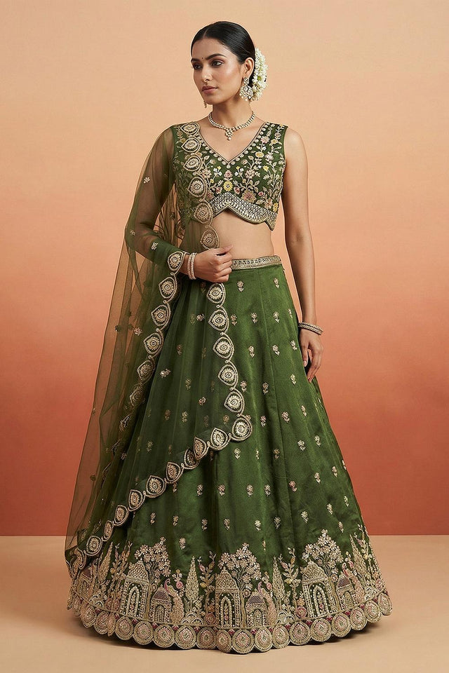 Olive Green Floral Embroidered Chinon Lehenga (ACA9593)