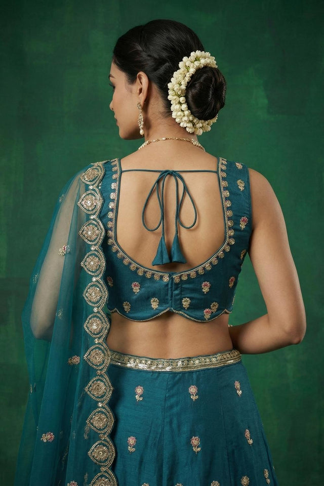 Turquoise Floral Embroidered Chinon Lehenga (ACA9594)