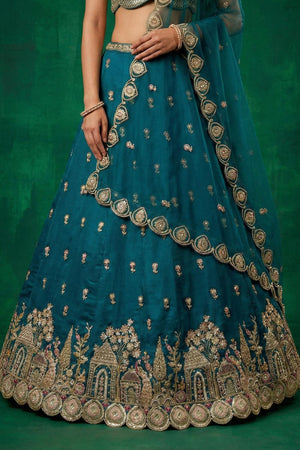 Turquoise Floral Embroidered Chinon Lehenga (ACA9594)
