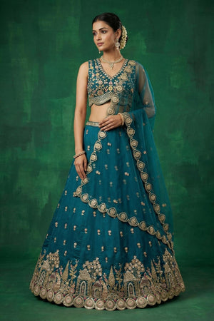 Turquoise Floral Embroidered Chinon Lehenga (ACA9594)