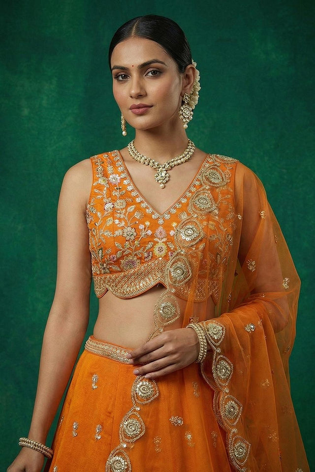 Orange Floral Embroidered Chinon Lehenga (ACA9595)