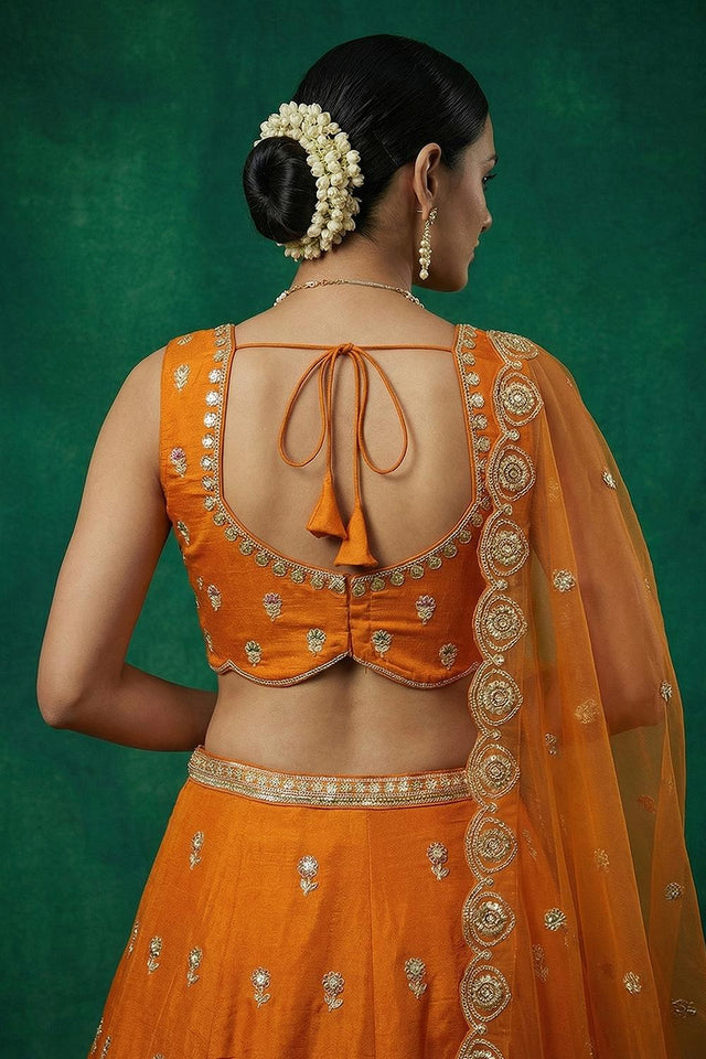 Orange Floral Embroidered Chinon Lehenga (ACA9595)