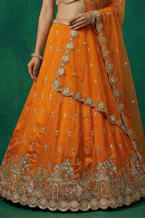 Orange Floral Embroidered Chinon Lehenga (ACA9595)