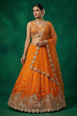 Orange Floral Embroidered Chinon Lehenga (ACA9595)