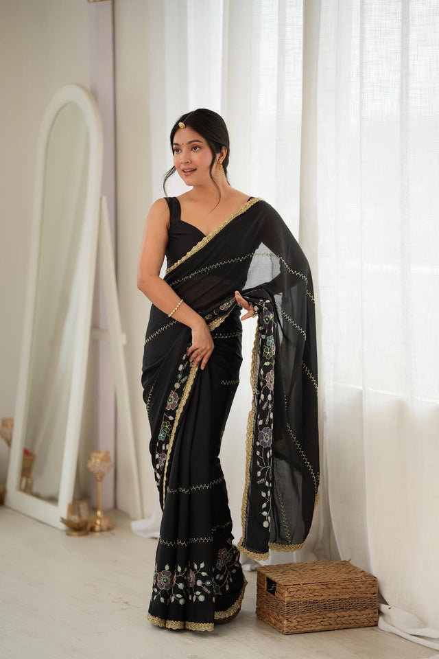 Black Floral Embroidered Georgette Saree (ACA9596)