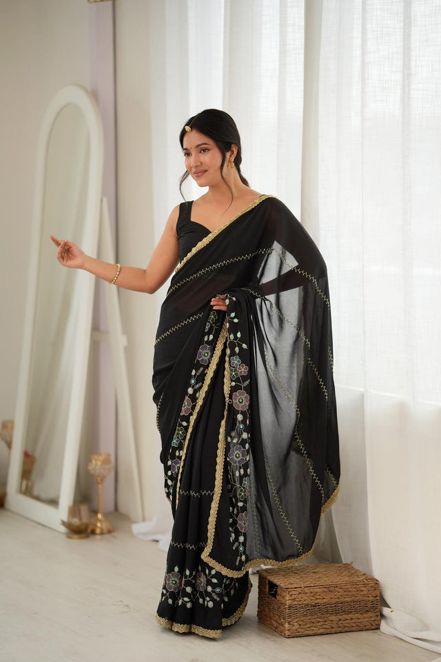 Black Floral Embroidered Georgette Saree (ACA9596)